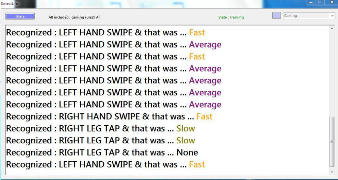 KinectLife gesture recognition log